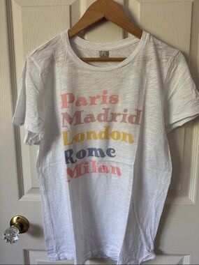 White Short-Sleeve Tee with Multicity Pastel Print